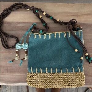 Sun N Sand Woven Grass Handcrafted Teal and Tan Beaded Crossbody Beach Bag